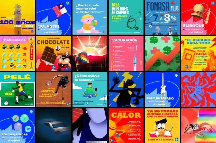 Twenty-four pieces from the BioBioChile archive laid out as a contact sheet: illustration, editorial graphics and covers